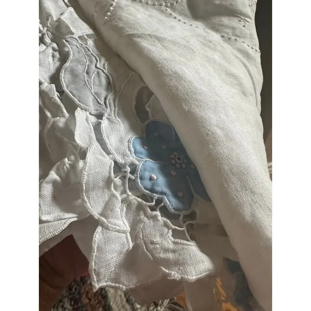 Vintage Hand Embroidered Tablecloth White floral blue linen cut out 98x58”
